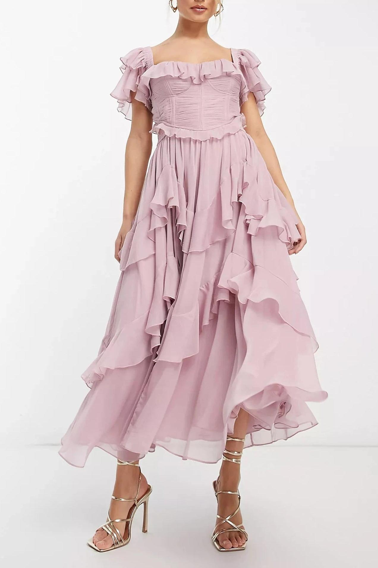Chiffon Ruffle Pleat Midi Dress