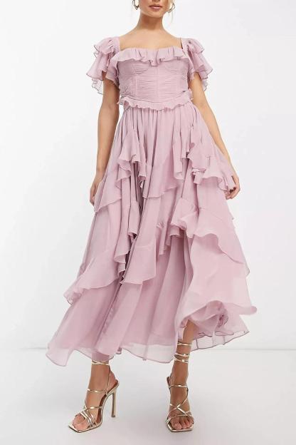 Chiffon Ruffle Pleat Midi Dress
