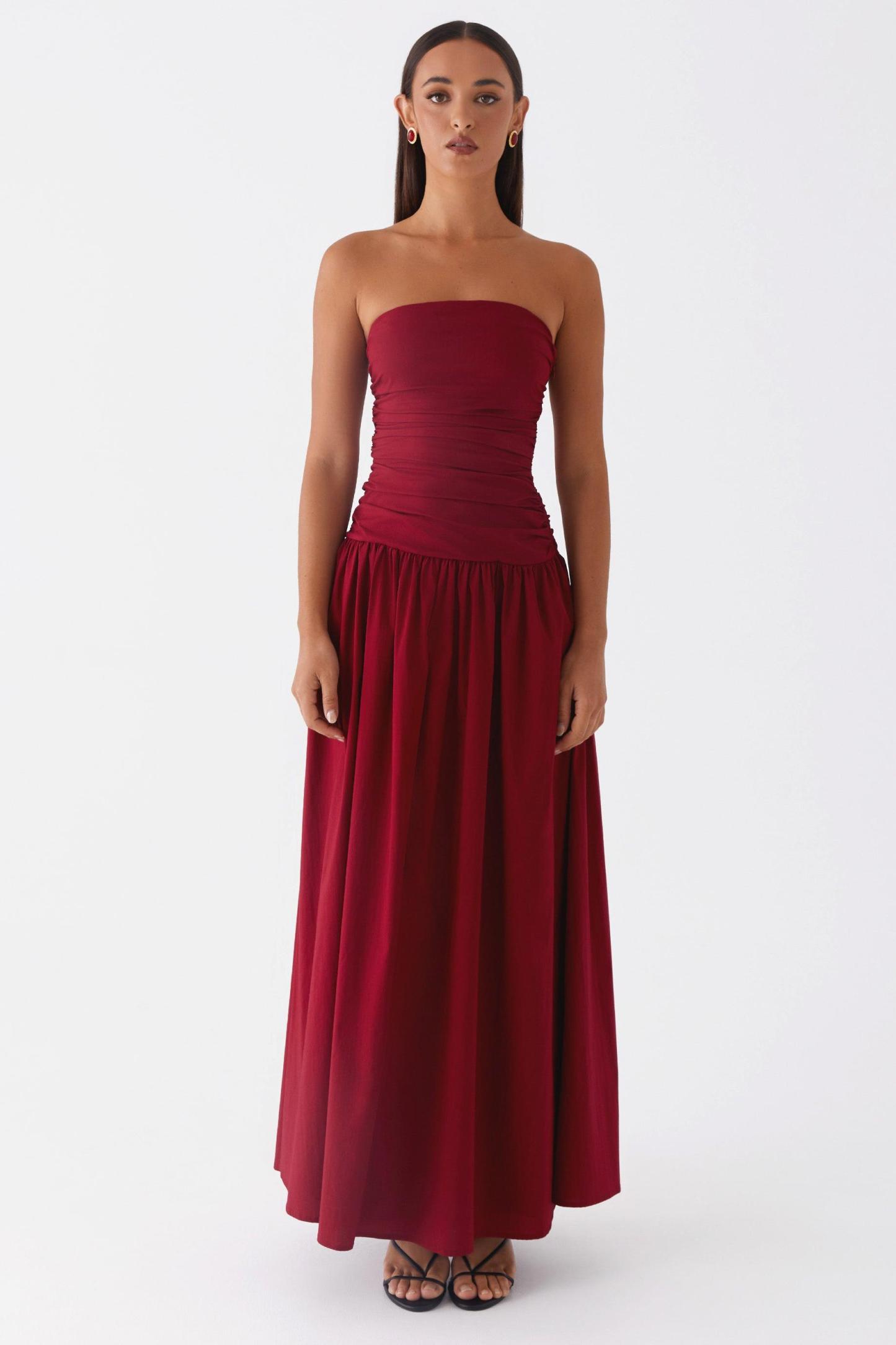 Solid Off-Shoulder Gathering Maxi Dress