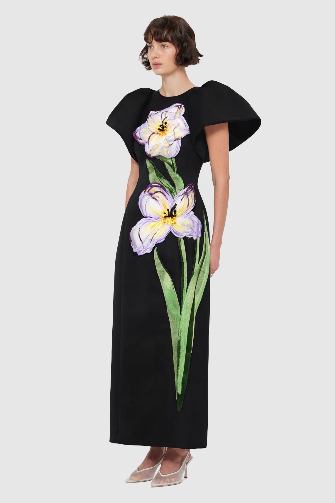 Appliquéd Puff Sleeve Round Neck Midi Dress