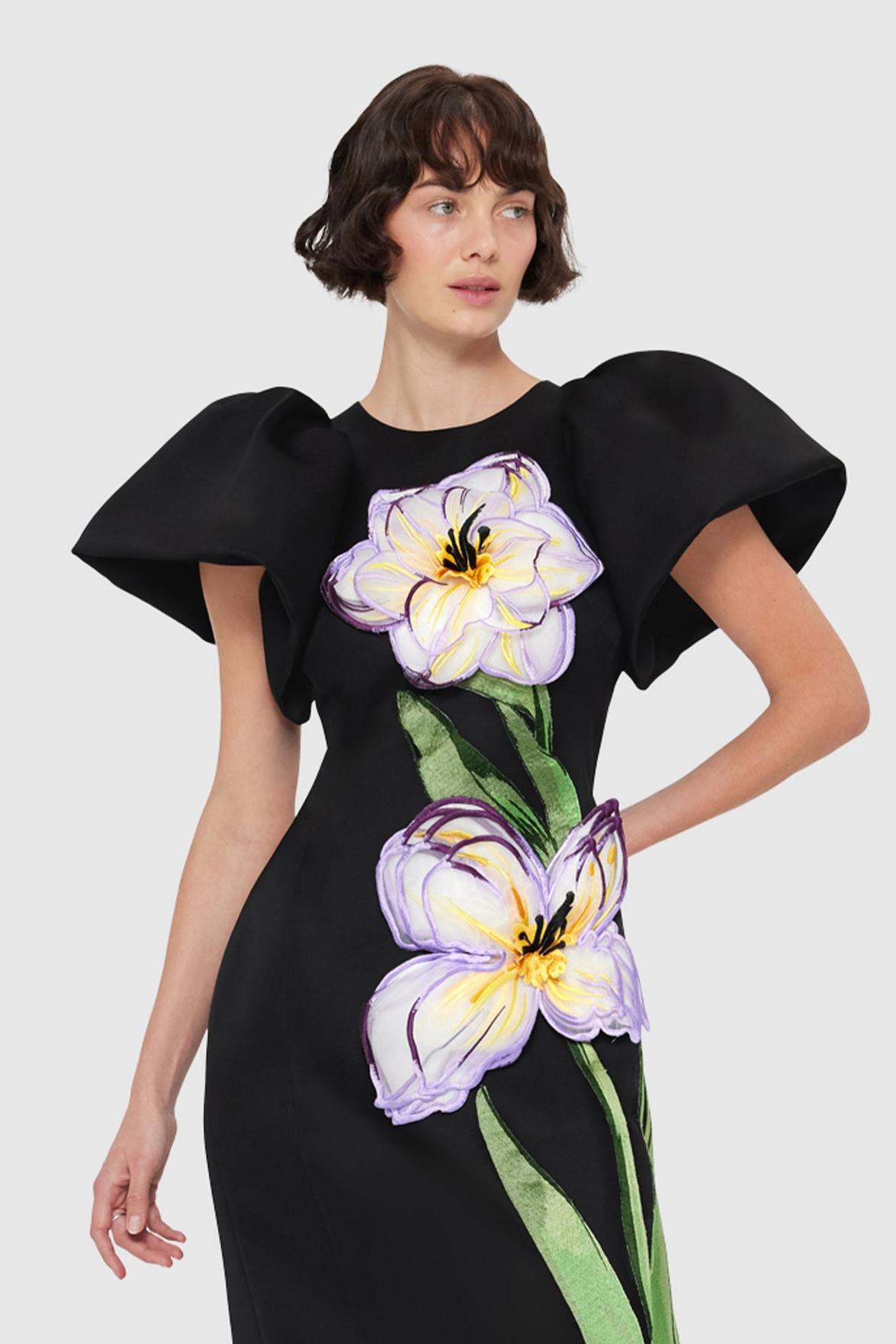 Appliquéd Puff Sleeve Round Neck Midi Dress