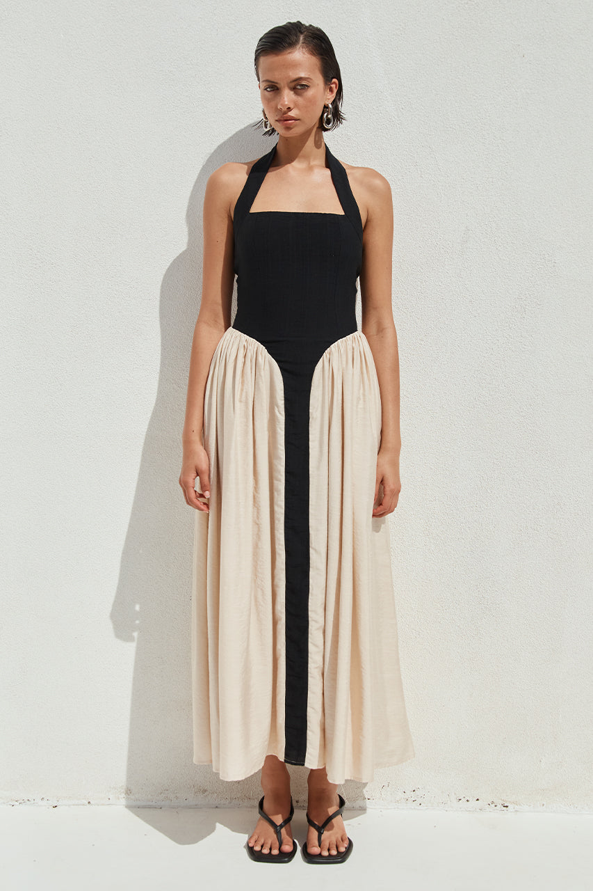 Splicing Halter Neck Sleeveless Midi Dress