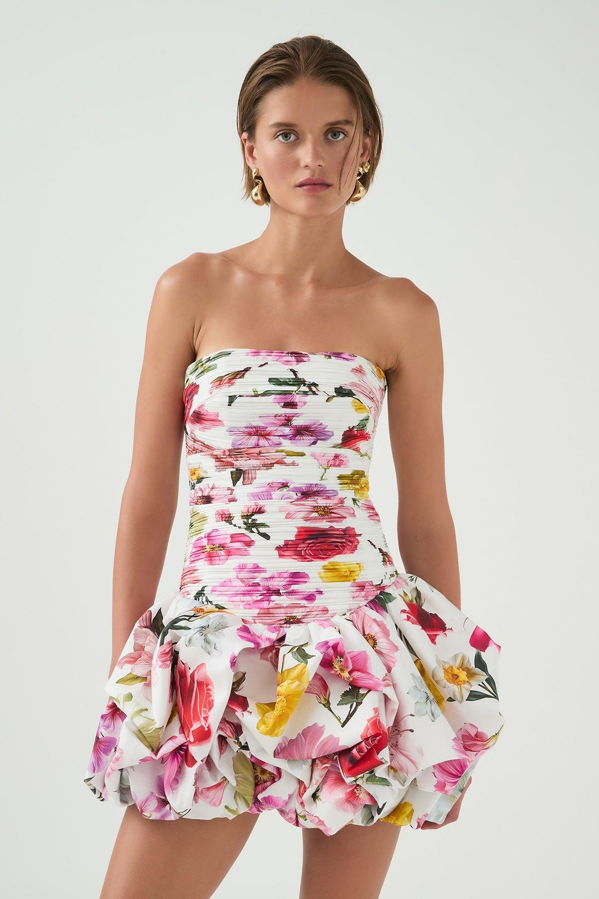 Floral Pleat Off Shoulder Mini Dress