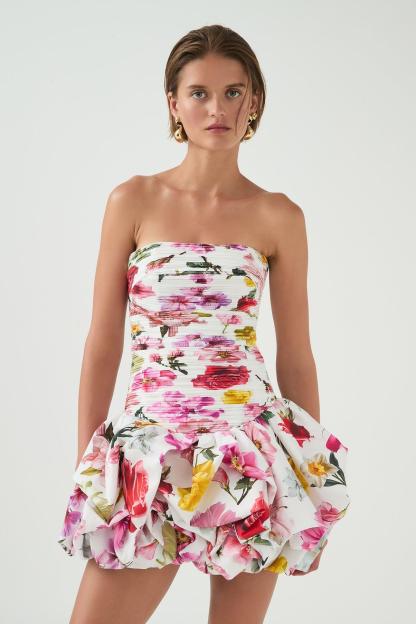 Floral Pleat Off Shoulder Mini Dress