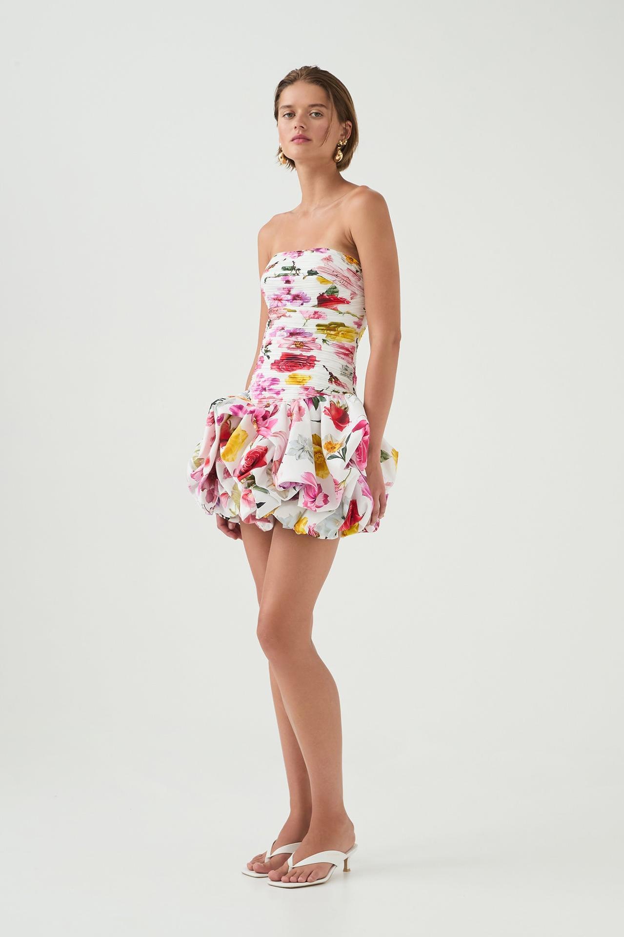 Floral Pleat Off Shoulder Mini Dress