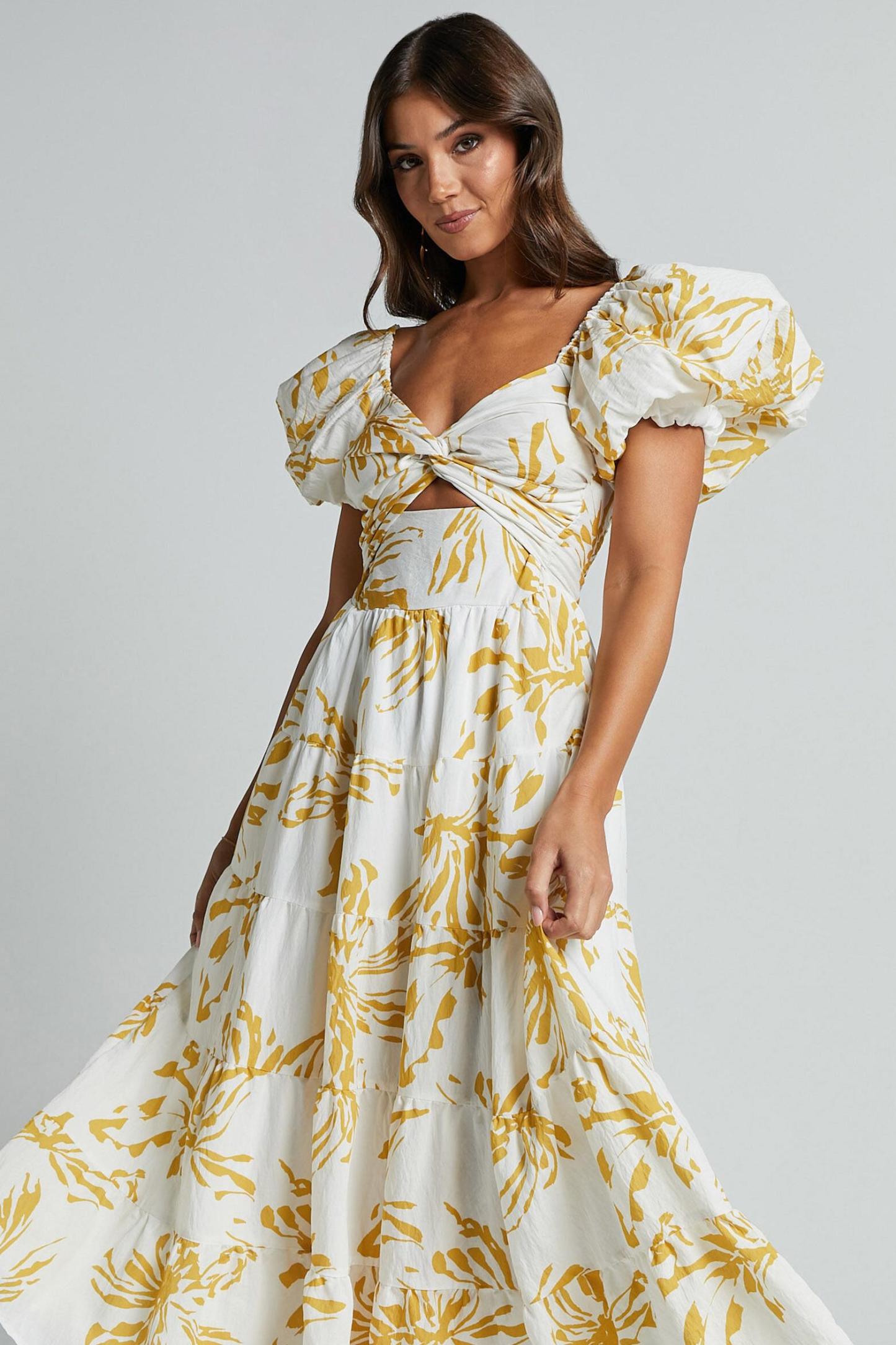 Floral Knotted Puff Sleeve Midi Dress