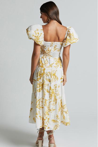 Floral Knotted Puff Sleeve Midi Dress