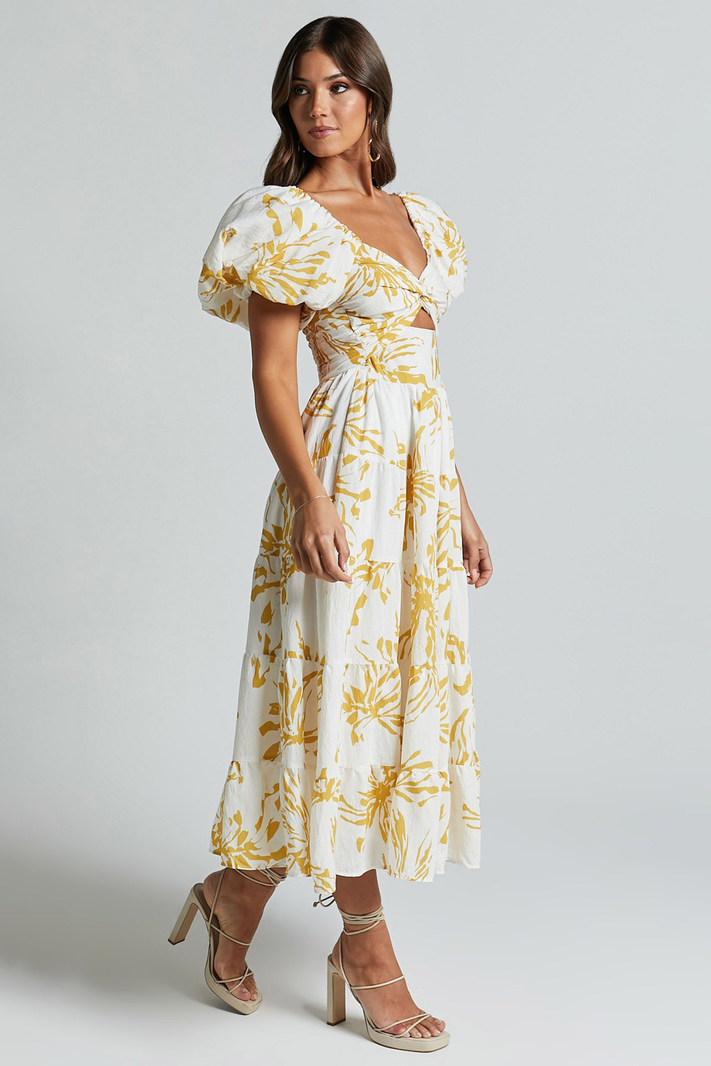 Floral Knotted Puff Sleeve Midi Dress