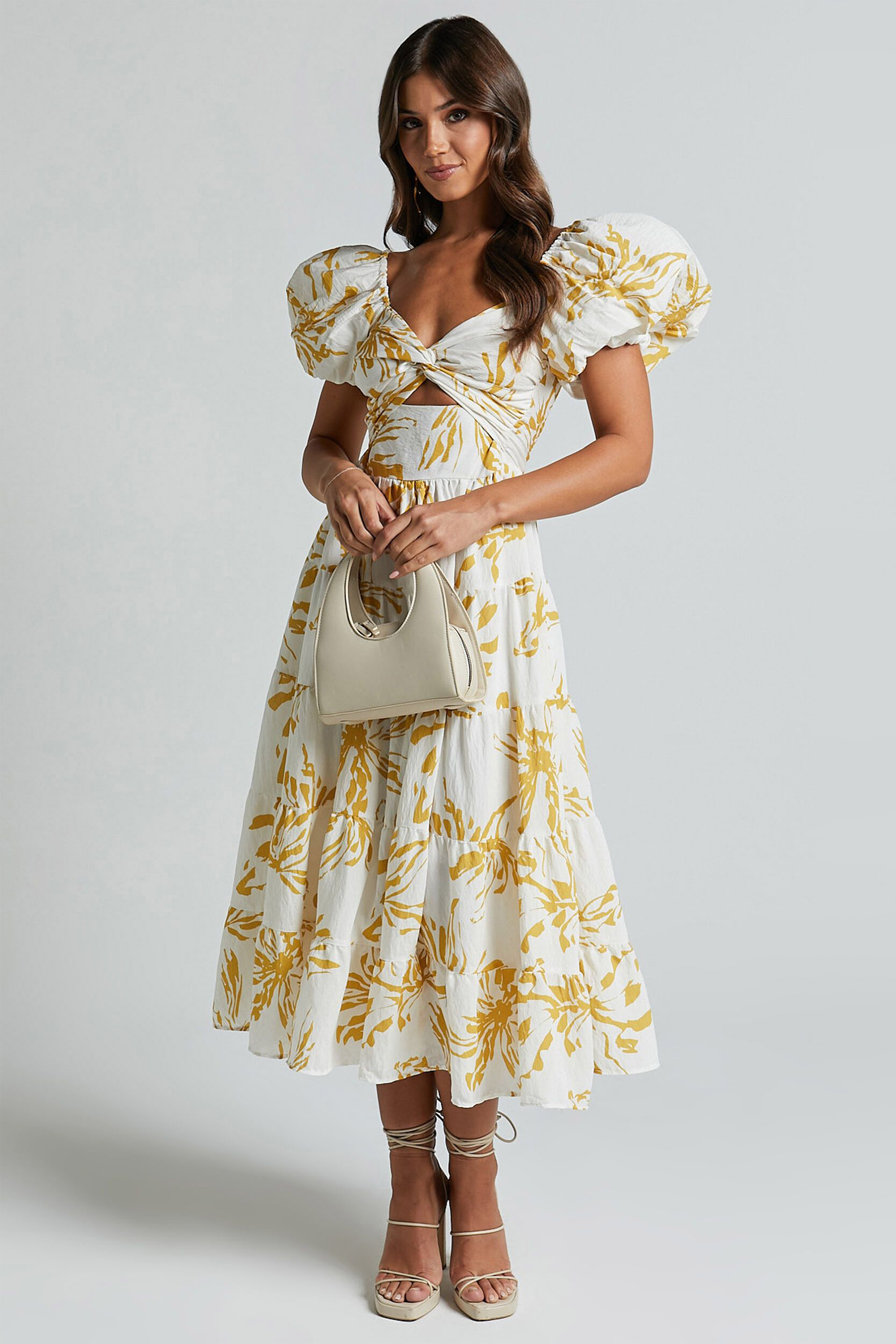 Floral Knotted Puff Sleeve Midi Dress