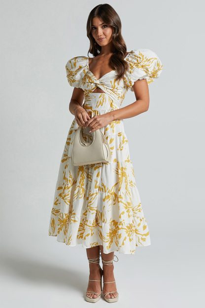 Floral Knotted Puff Sleeve Midi Dress