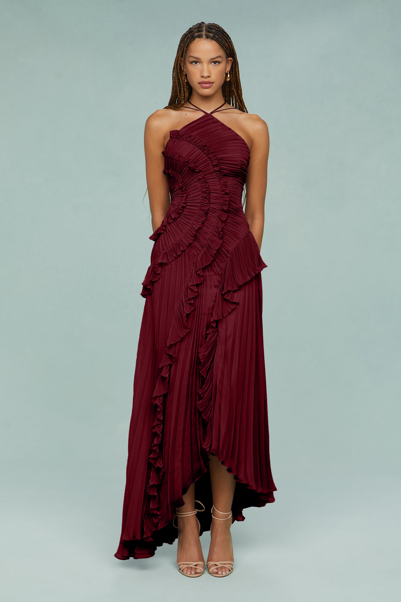 Pleated Frill Halter Neck Midi Dress