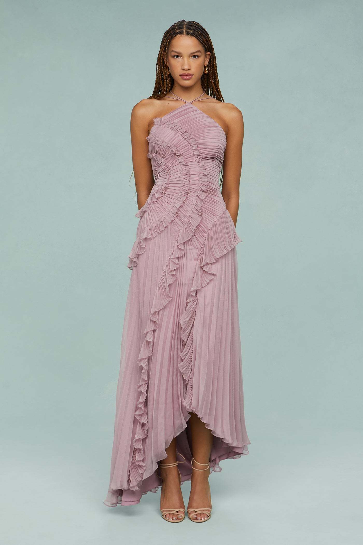 Pleated Frill Halter Neck Midi Dress
