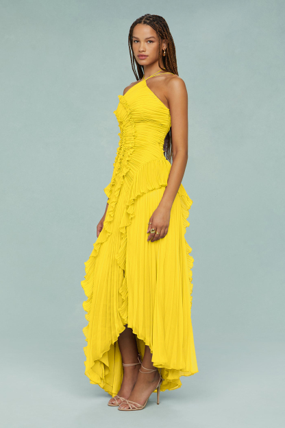 Pleated Frill Halter Neck Midi Dress