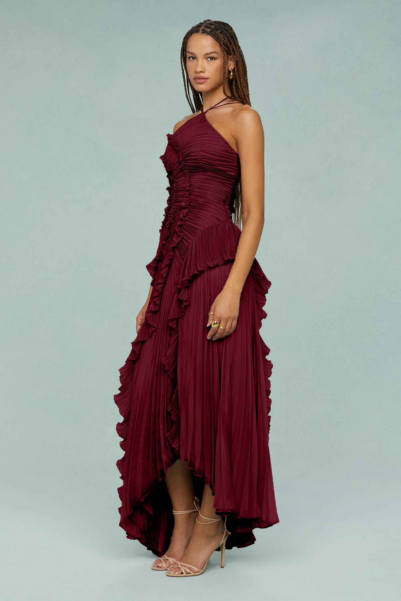 Pleated Frill Halter Neck Midi Dress