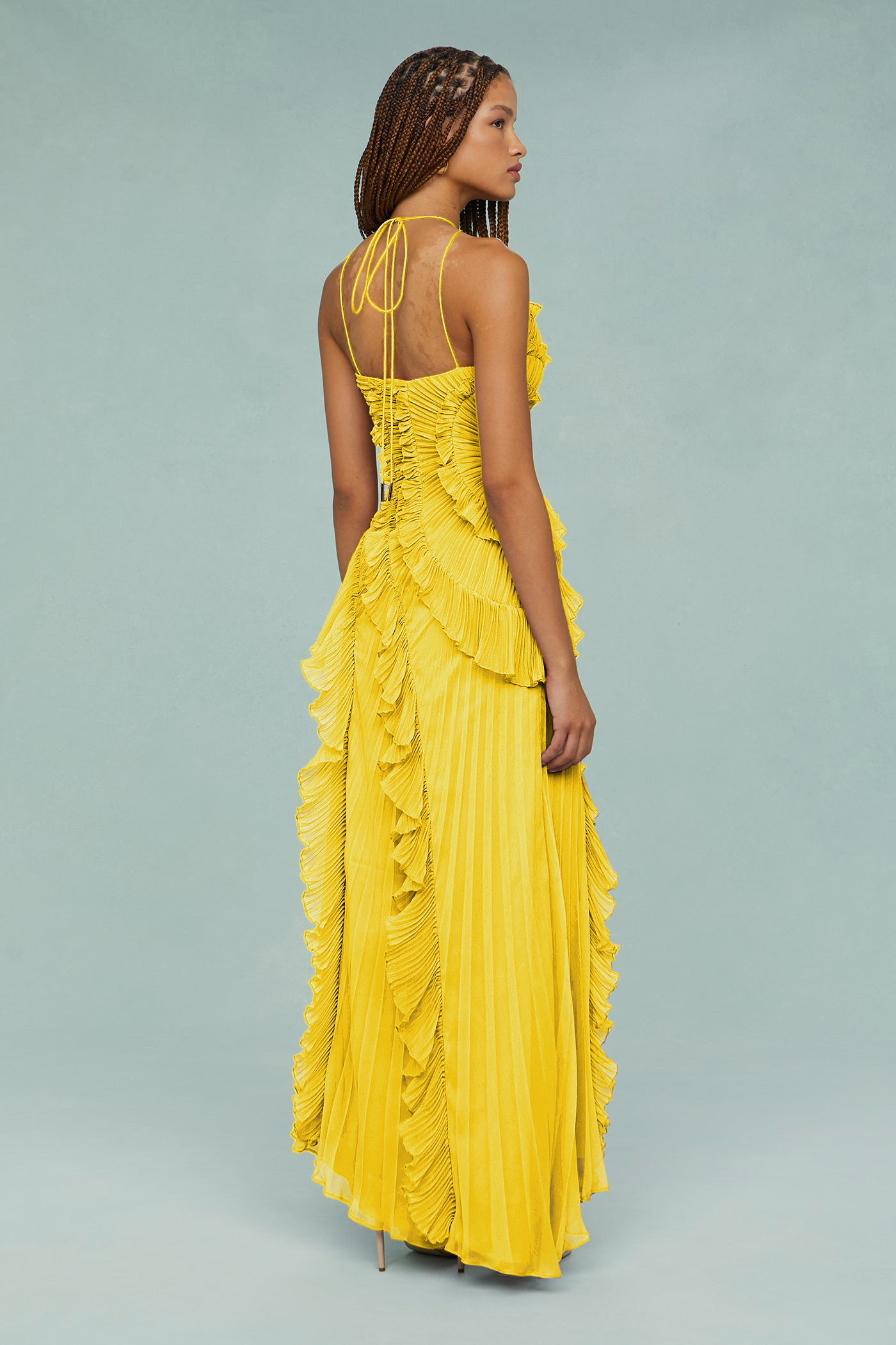 Pleated Frill Halter Neck Midi Dress