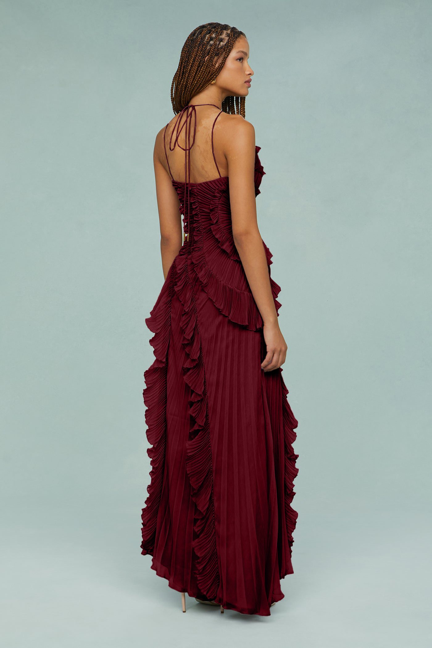 Pleated Frill Halter Neck Midi Dress