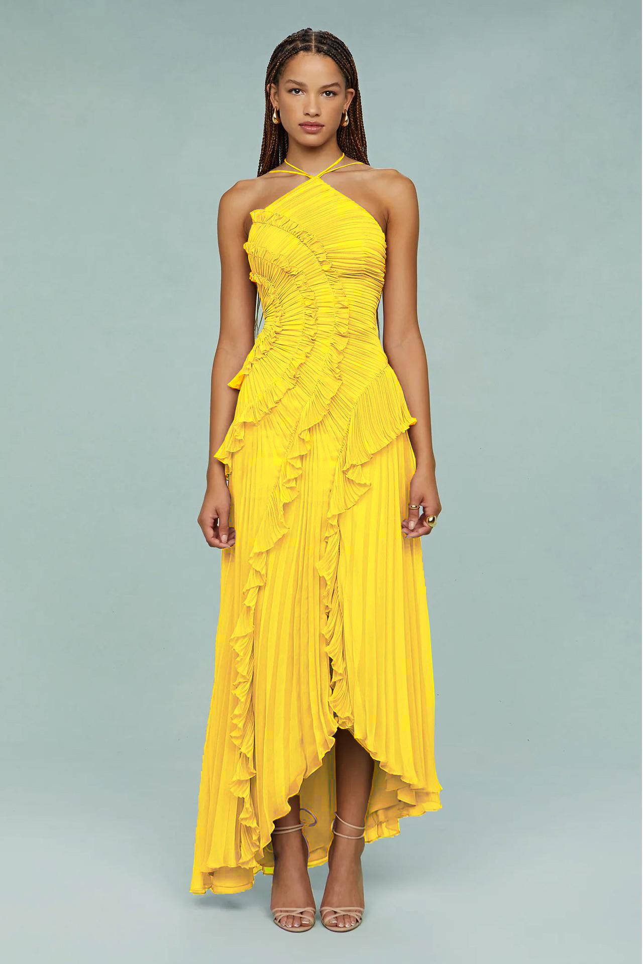 Pleated Frill Halter Neck Midi Dress