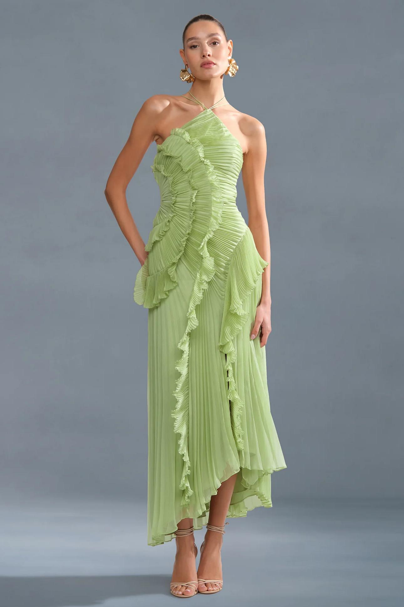 Pleated Frill Halter Neck Midi Dress