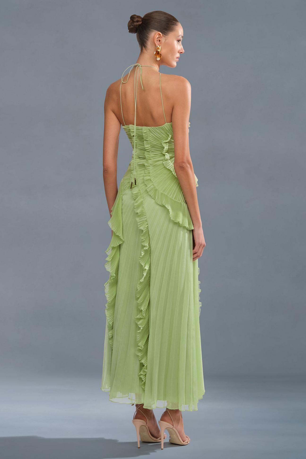 Pleated Frill Halter Neck Midi Dress