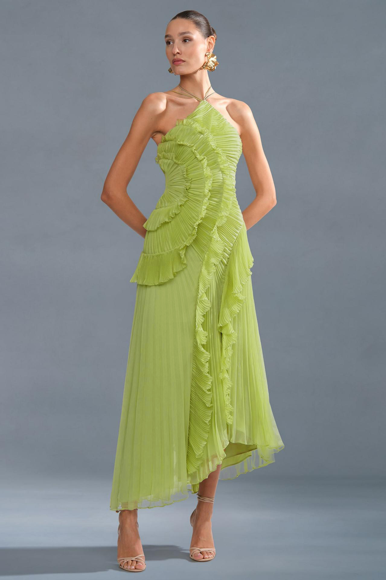 Pleated Frill Halter Neck Midi Dress – JardinVue
