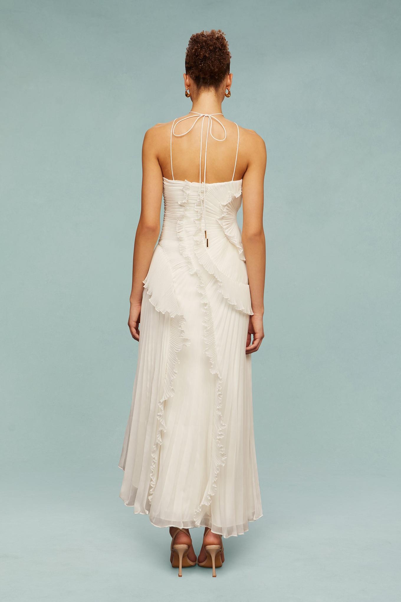 Pleated Frill Halter Neck Midi Dress