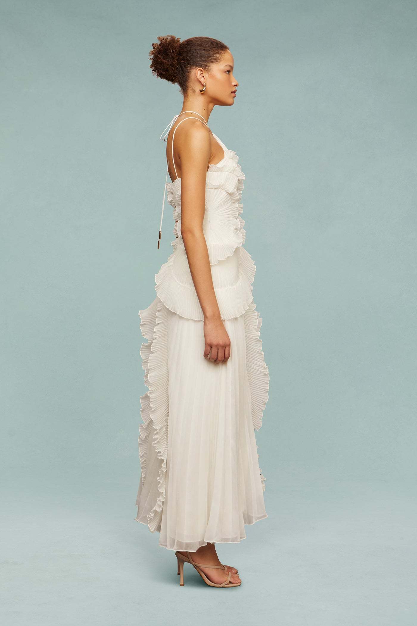 Pleated Frill Halter Neck Midi Dress