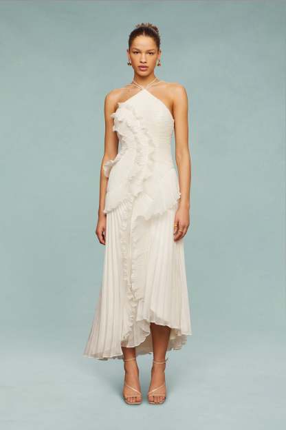 Pleated Frill Halter Neck Midi Dress