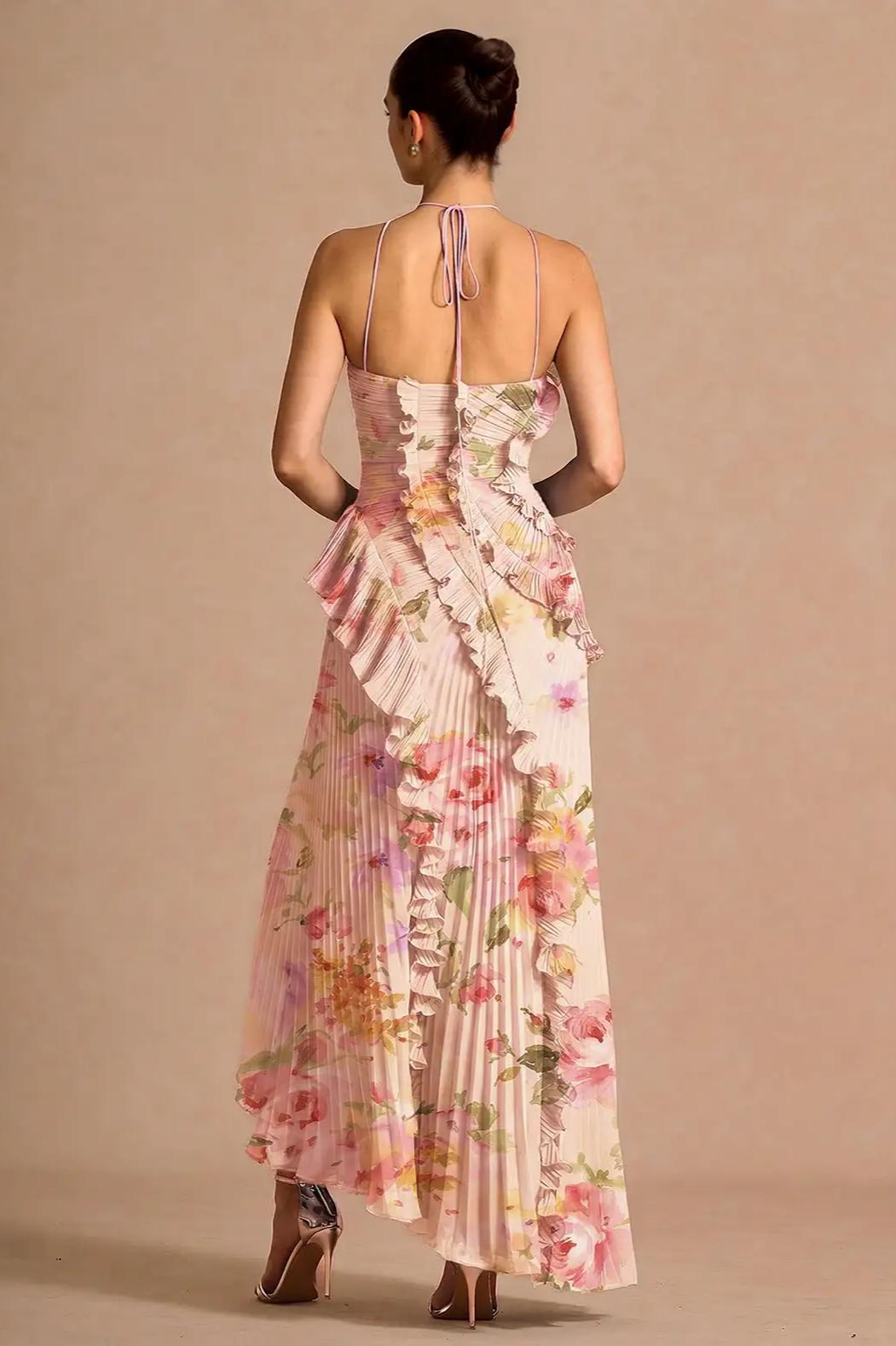 Pleated Frill Halter Neck Midi Dress