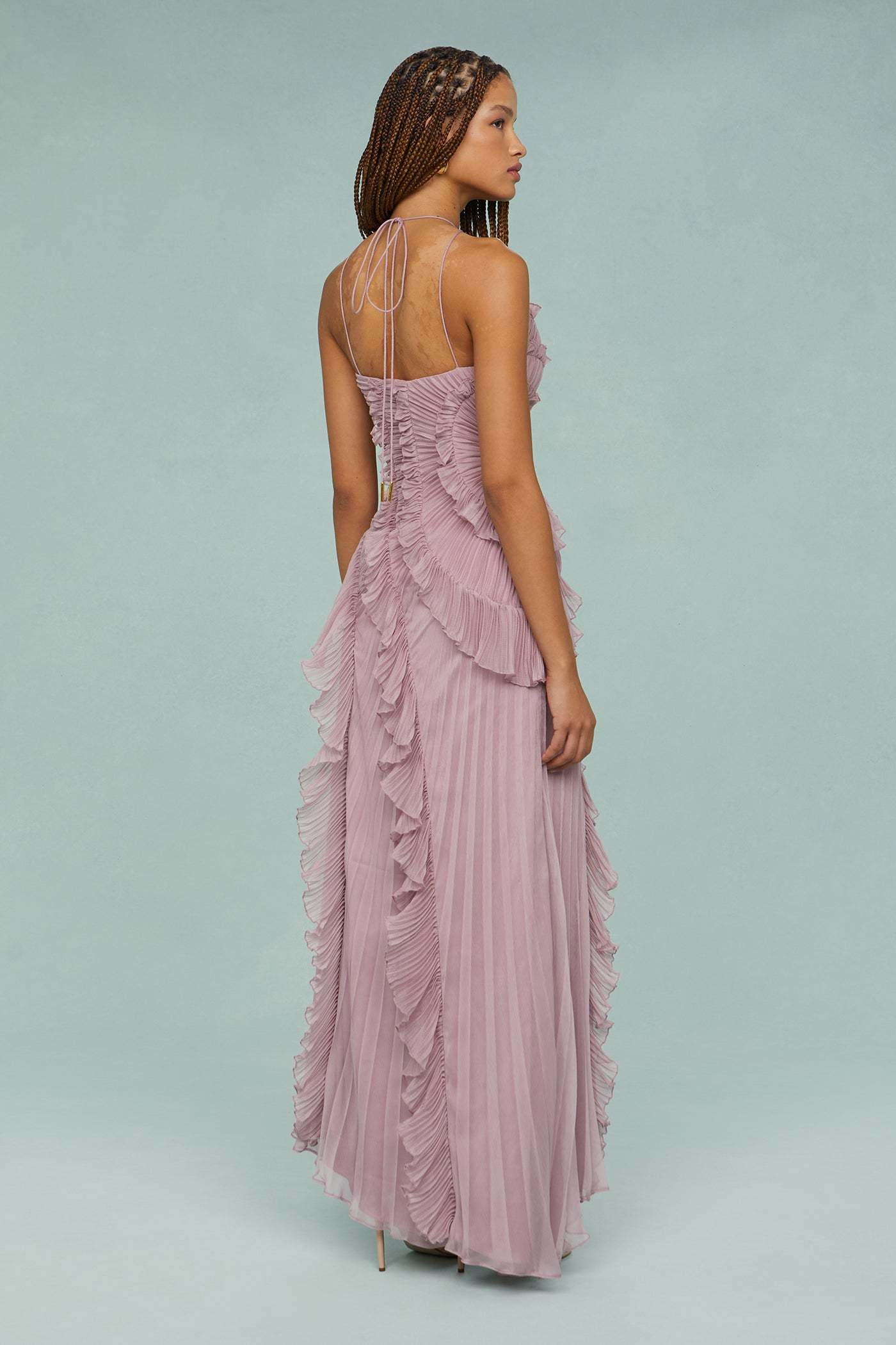 Pleated Frill Halter Neck Midi Dress