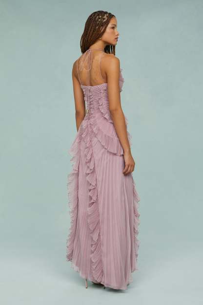 Pleated Frill Halter Neck Midi Dress