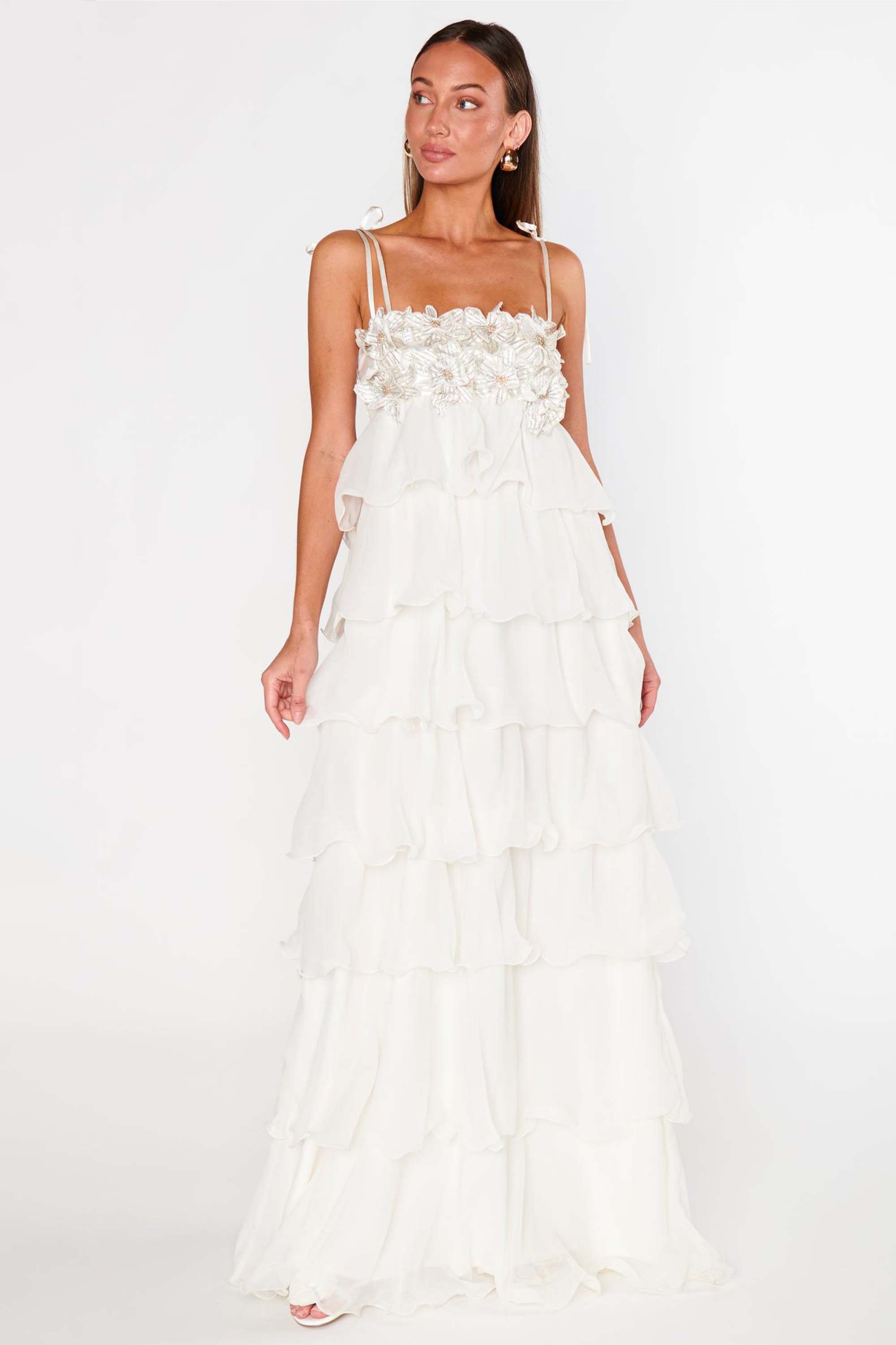 Embroidered Chiffon Ruffle Maxi Dress
