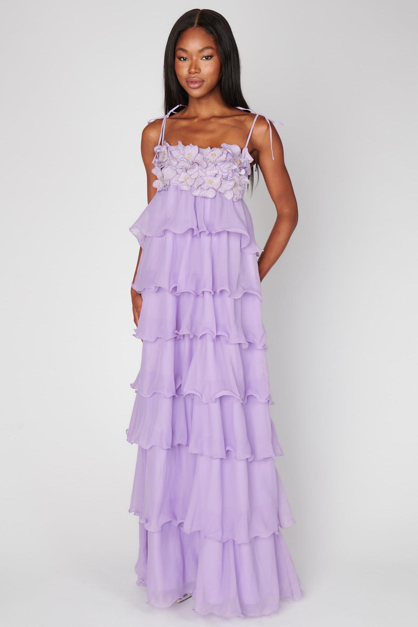 Embroidered Chiffon Ruffle Maxi Dress