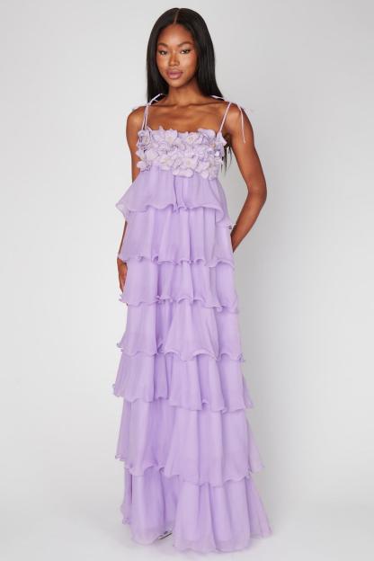 Embroidered Chiffon Ruffle Maxi Dress