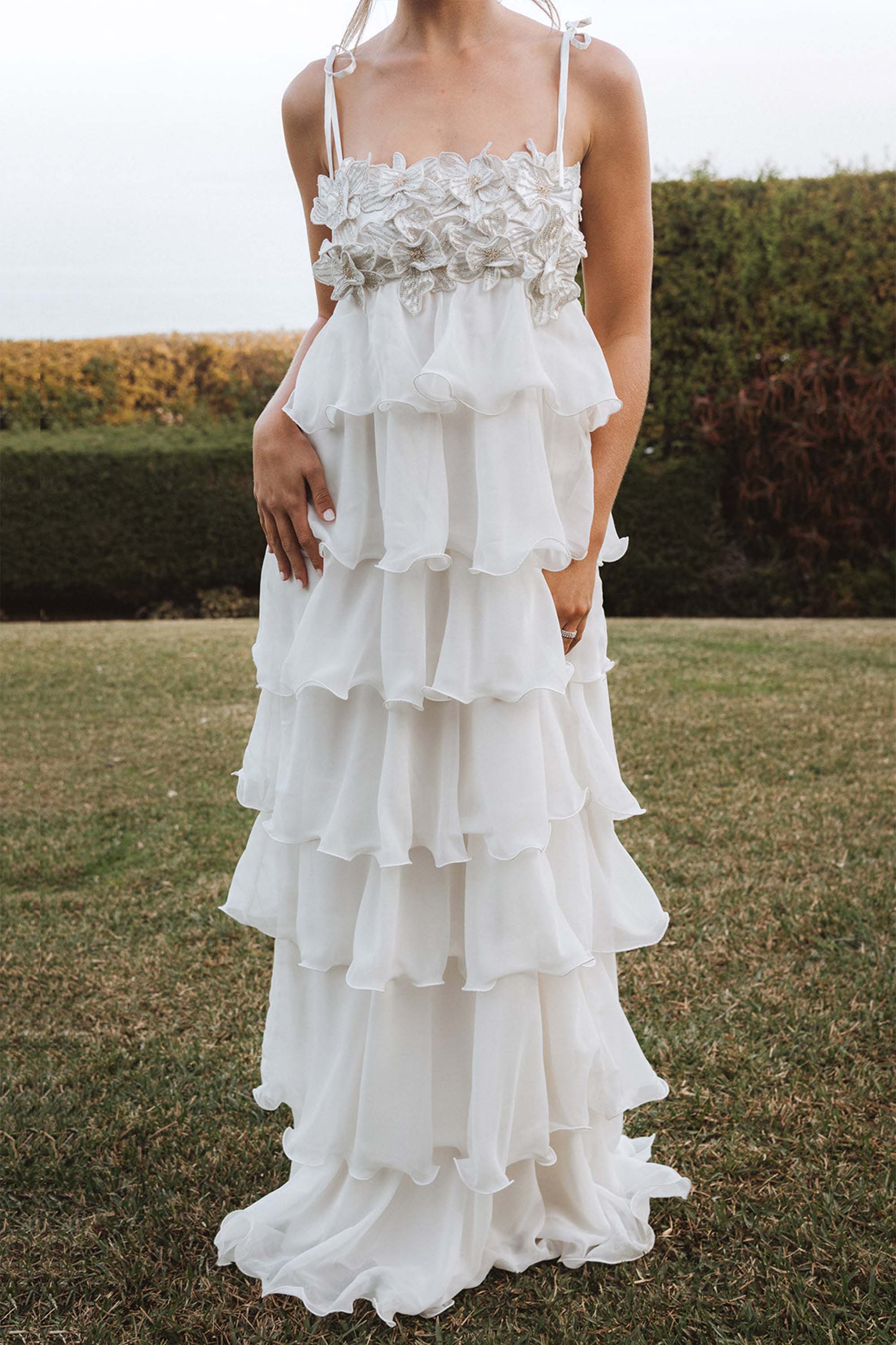 Embroidered Chiffon Ruffle Maxi Dress
