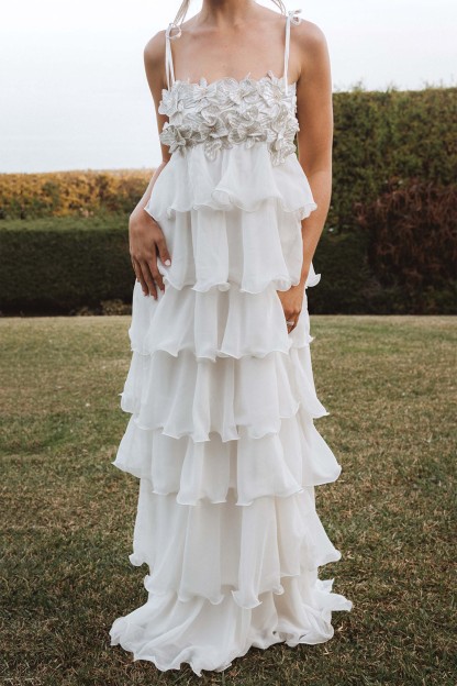 Embroidered Chiffon Ruffle Maxi Dress