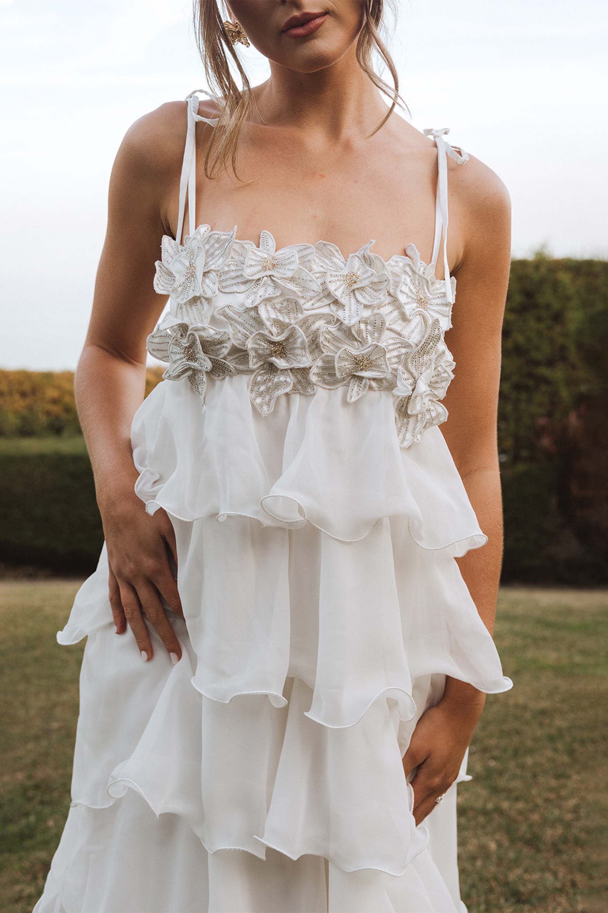 Embroidered Chiffon Ruffle Maxi Dress