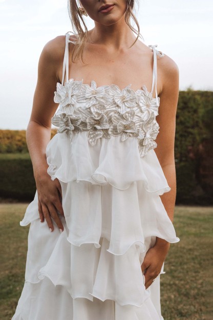 Embroidered Chiffon Ruffle Maxi Dress