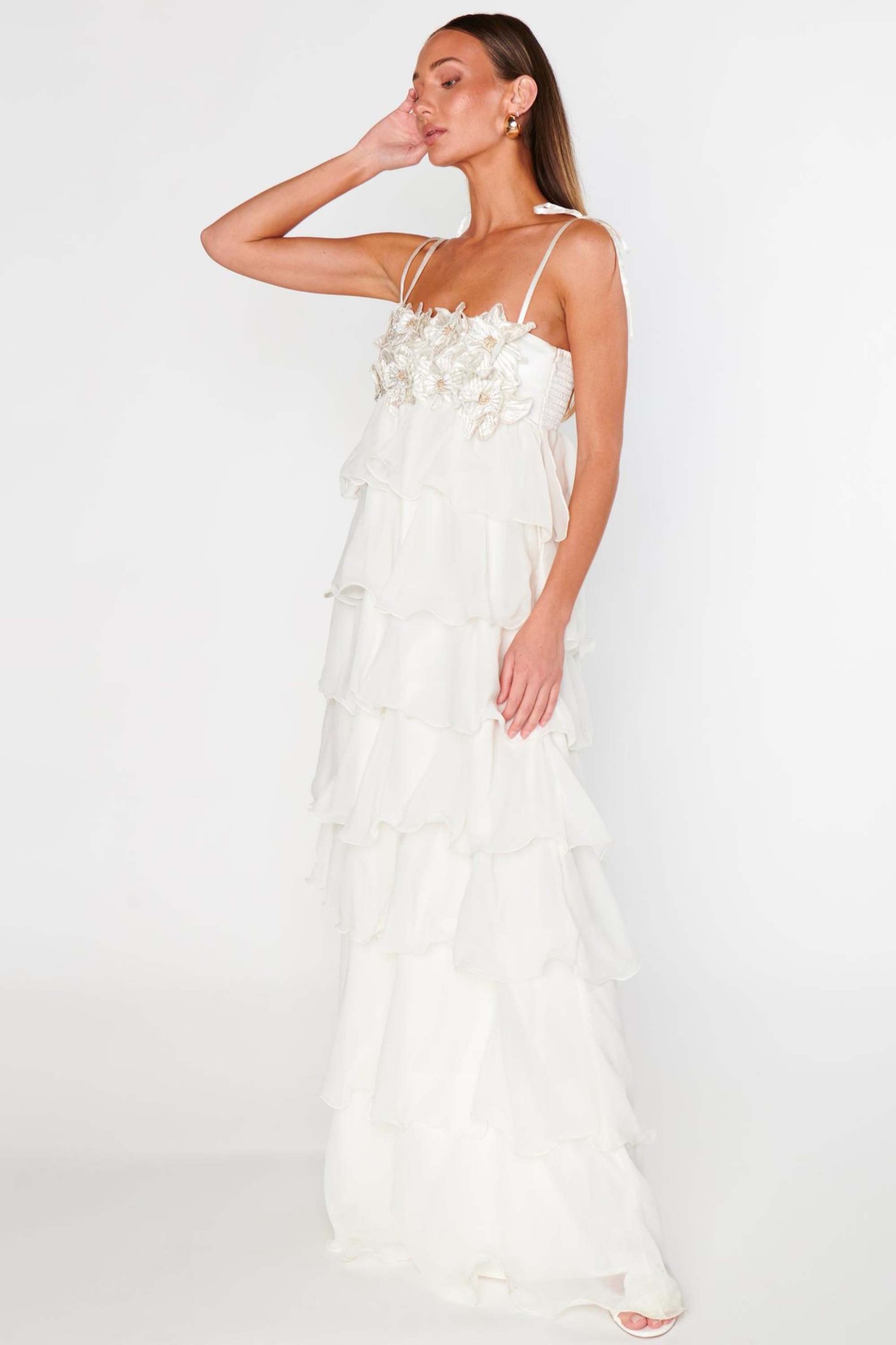 Embroidered Chiffon Ruffle Maxi Dress