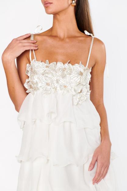 Embroidered Chiffon Ruffle Maxi Dress