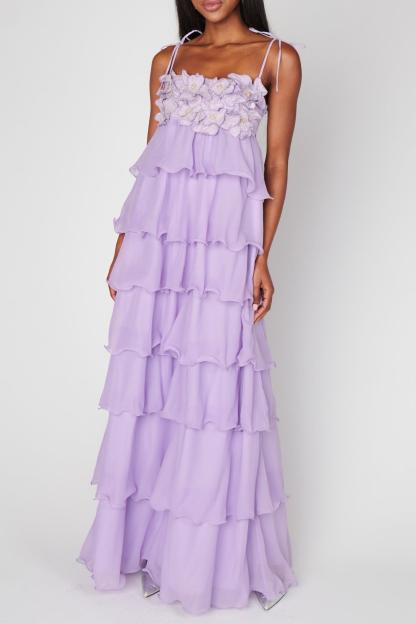Embroidered Chiffon Ruffle Maxi Dress