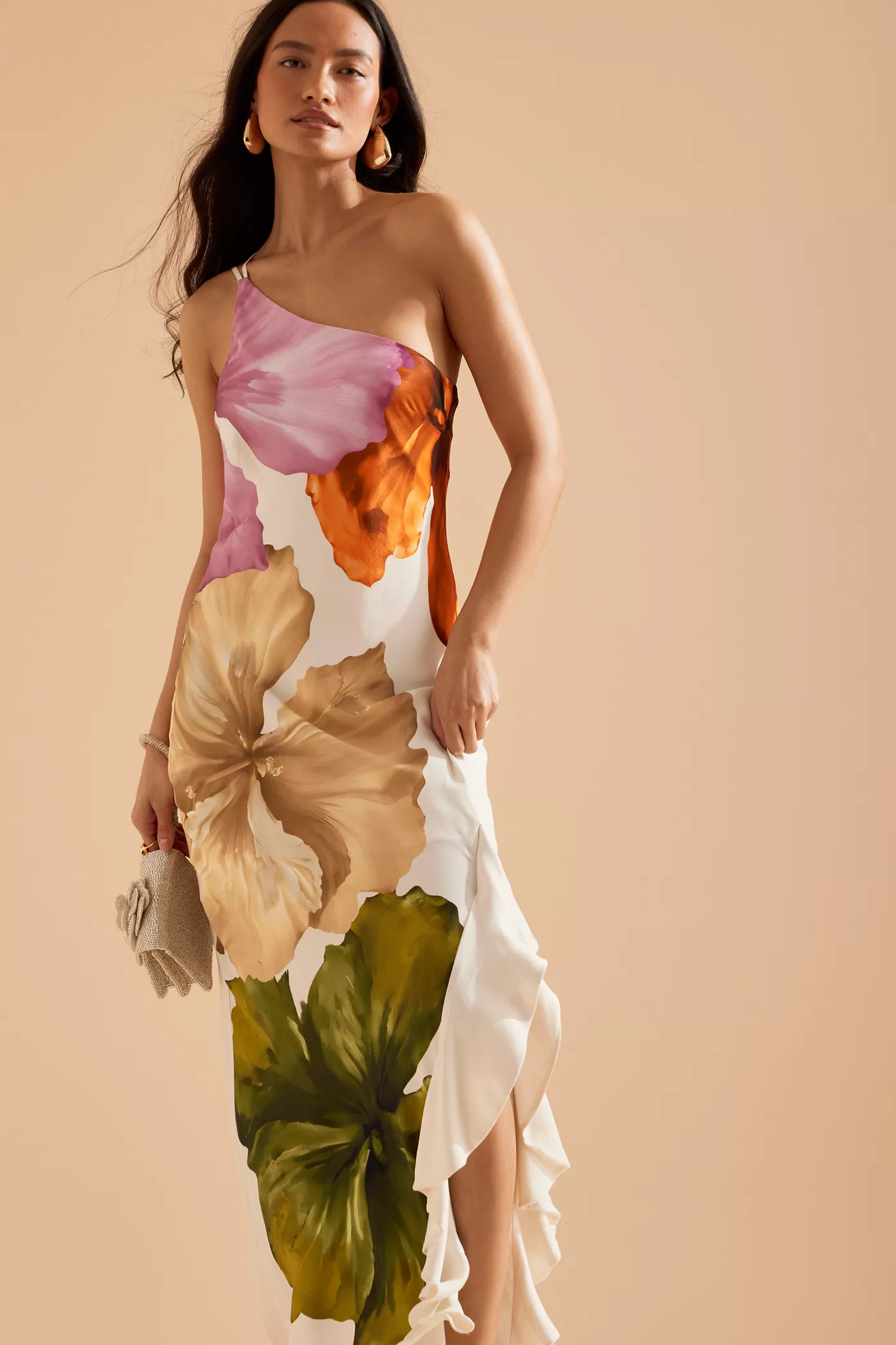 Floral Ruffle One Shoulder  Midi Dress