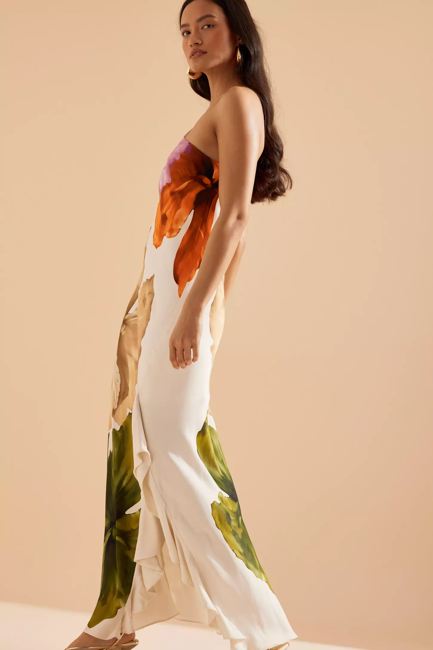 Floral Ruffle One Shoulder  Midi Dress