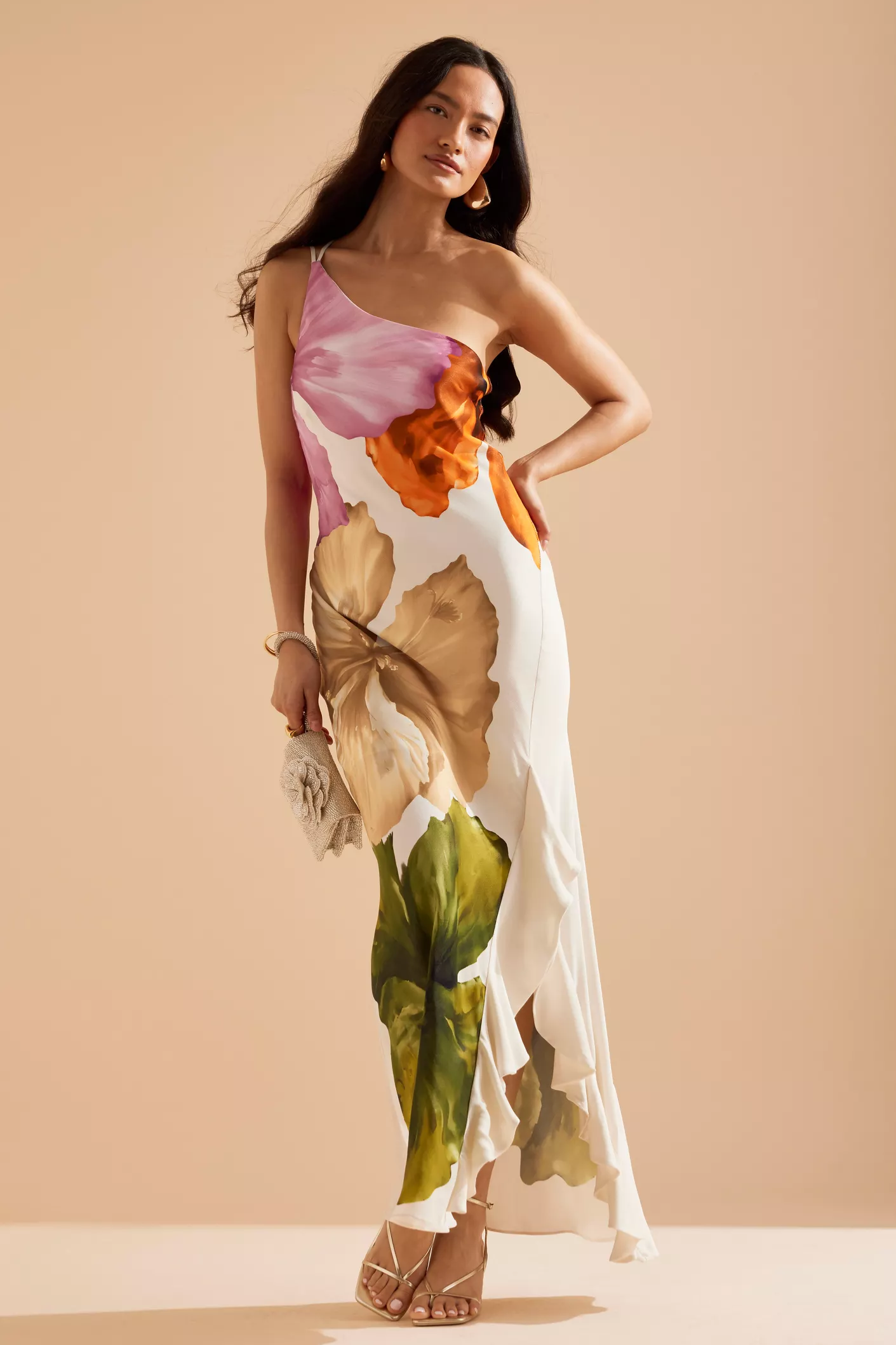 Floral Ruffle One Shoulder Midi Dress
