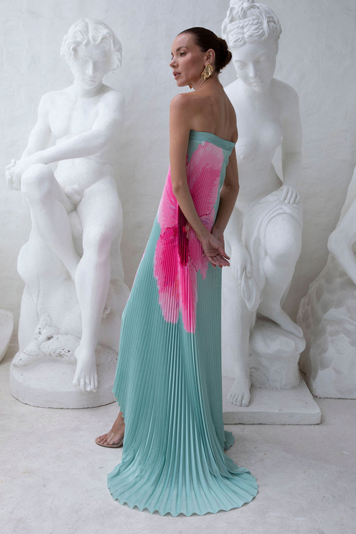 Floral Pleated Off-Shoulder Maxi Dress