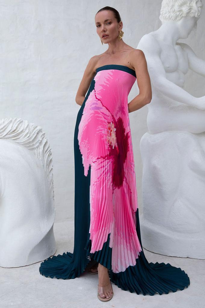 Floral Pleated Off-Shoulder Maxi Dress