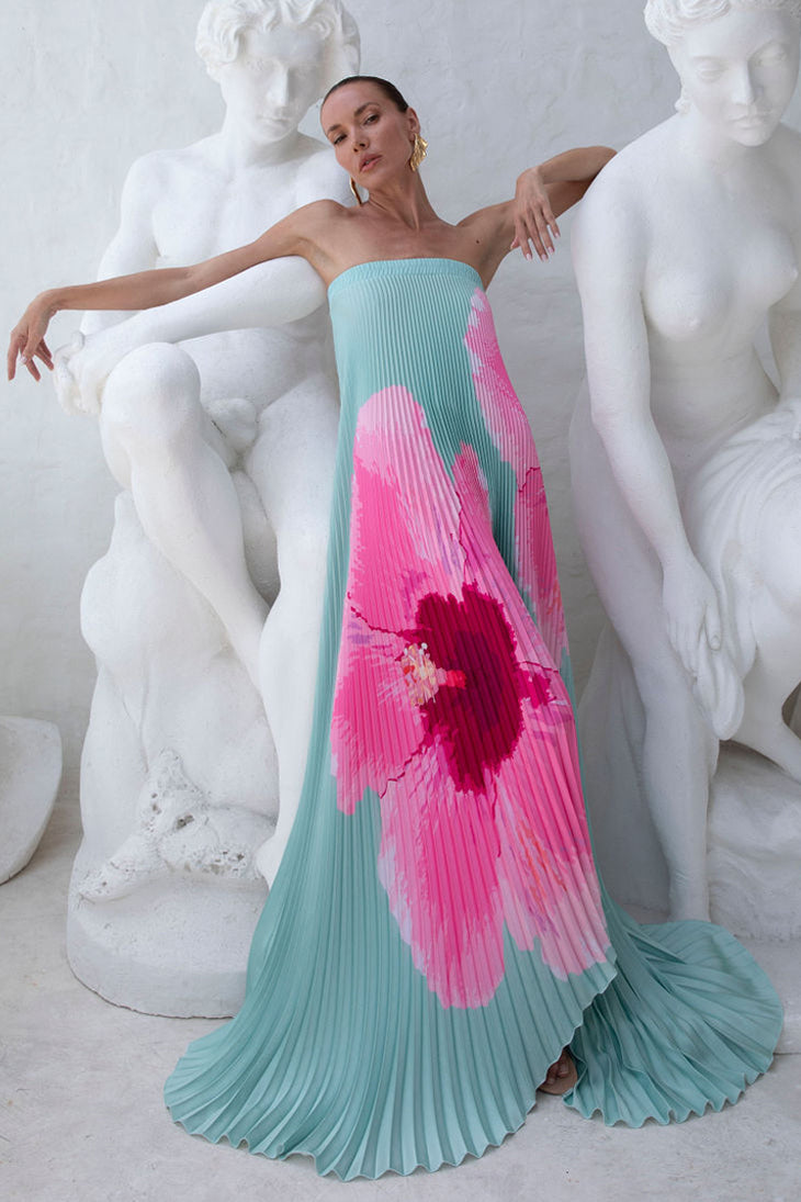 Floral Pleated Off-Shoulder Maxi Dress