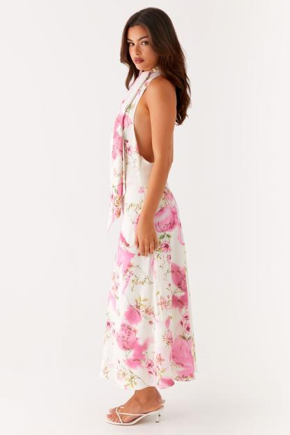 Floral Cowl Neckline Backless Midi Dress