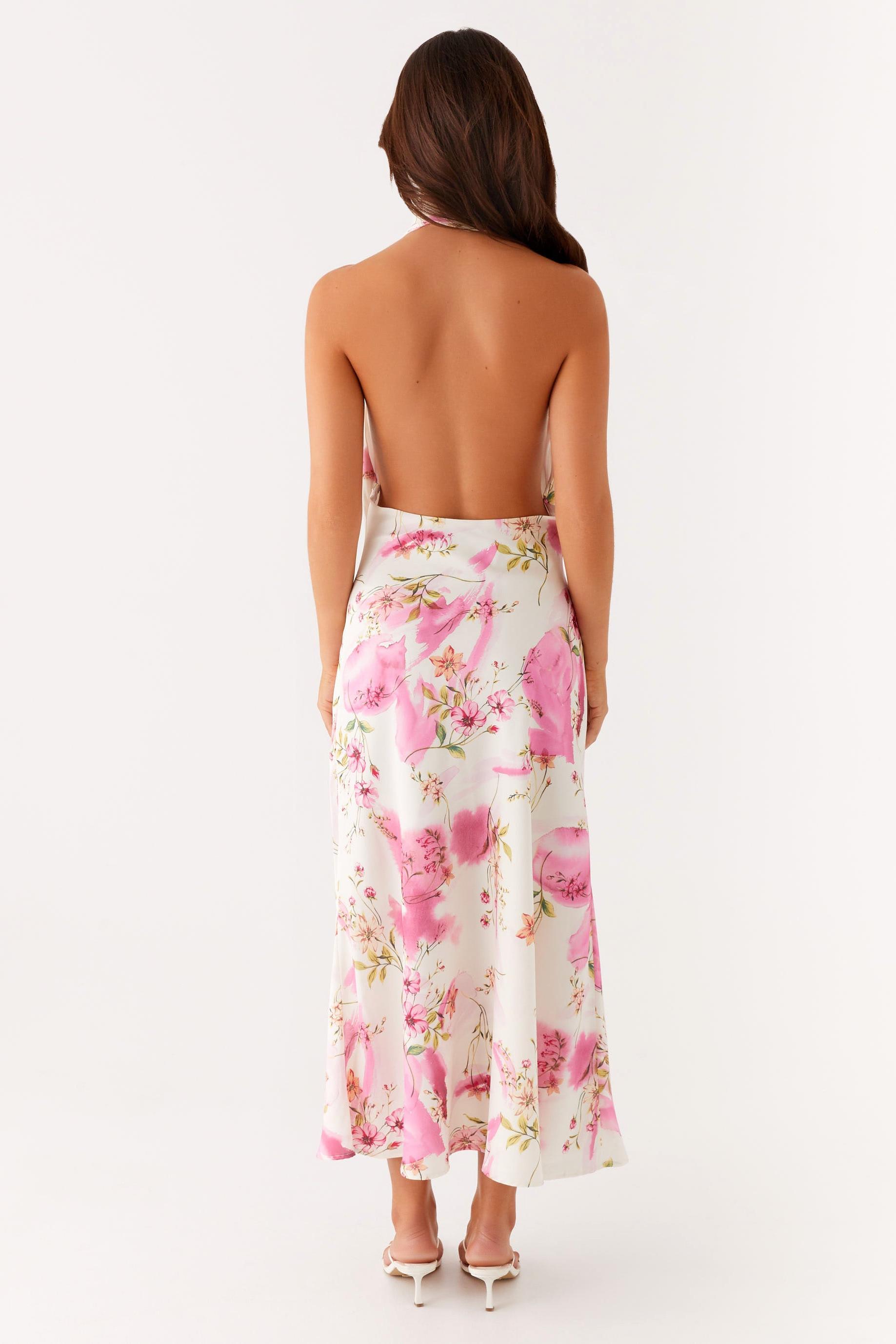 Floral Cowl Neckline Backless Midi Dress