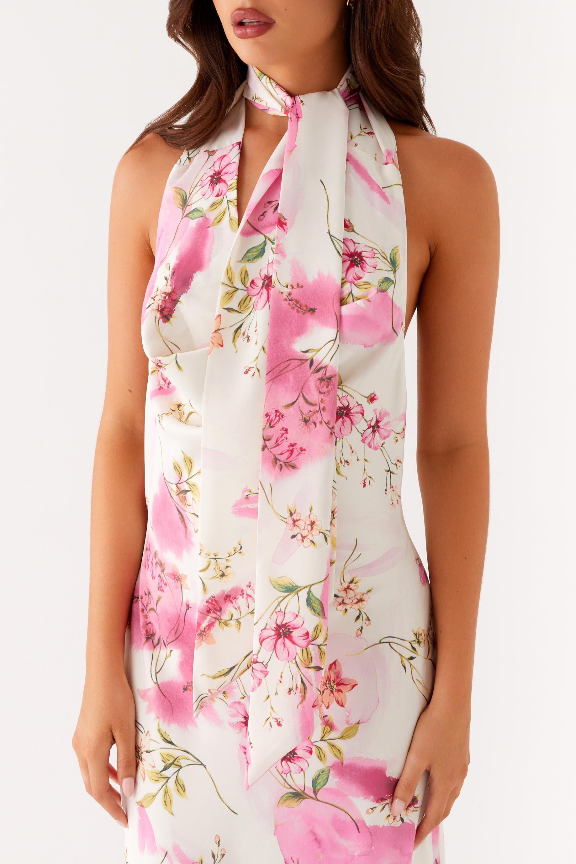 Floral Cowl Neckline Backless Midi Dress