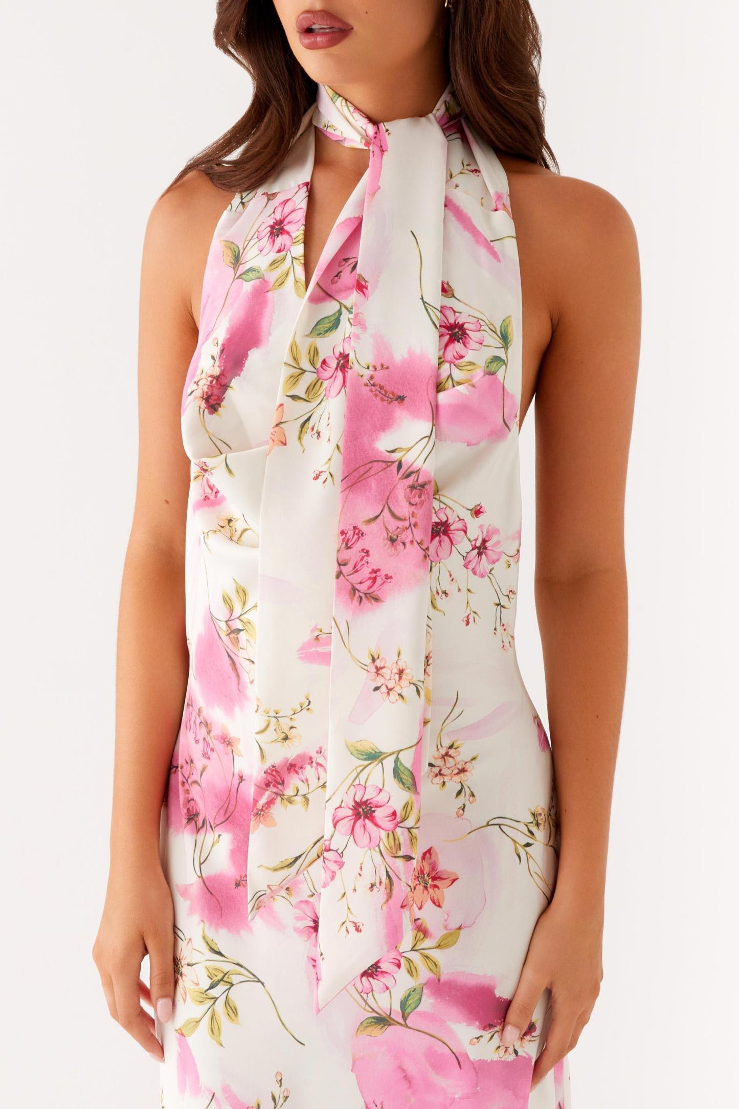 Floral Cowl Neckline Backless Midi Dress